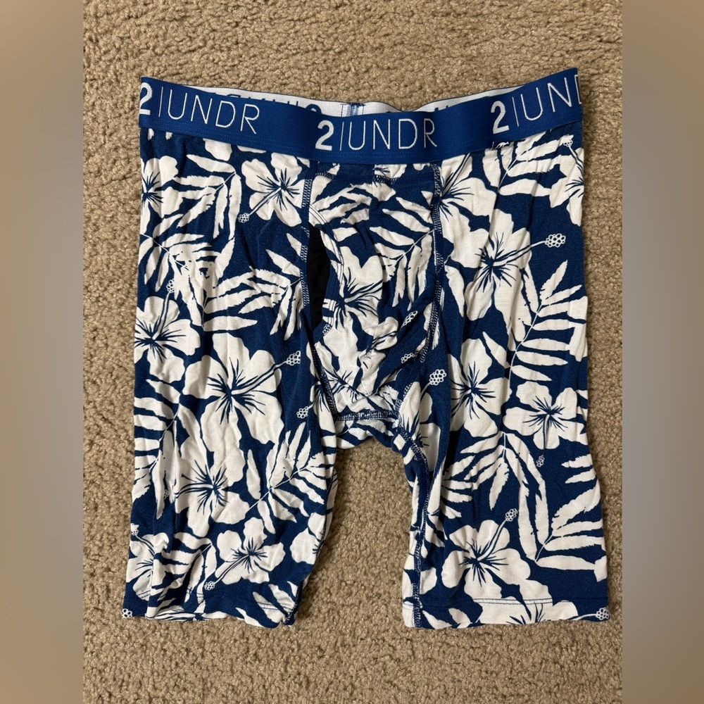 2UNDR Blue and White Floral Boxer Briefs Long Leg